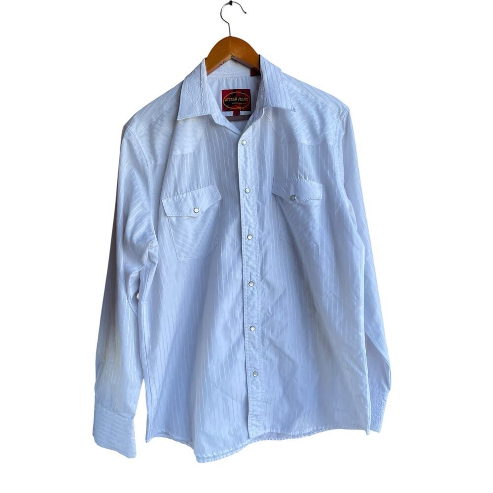Vintage Western Shirt LARGE ATTRAK White Pearl Snap Striped Long sleeve